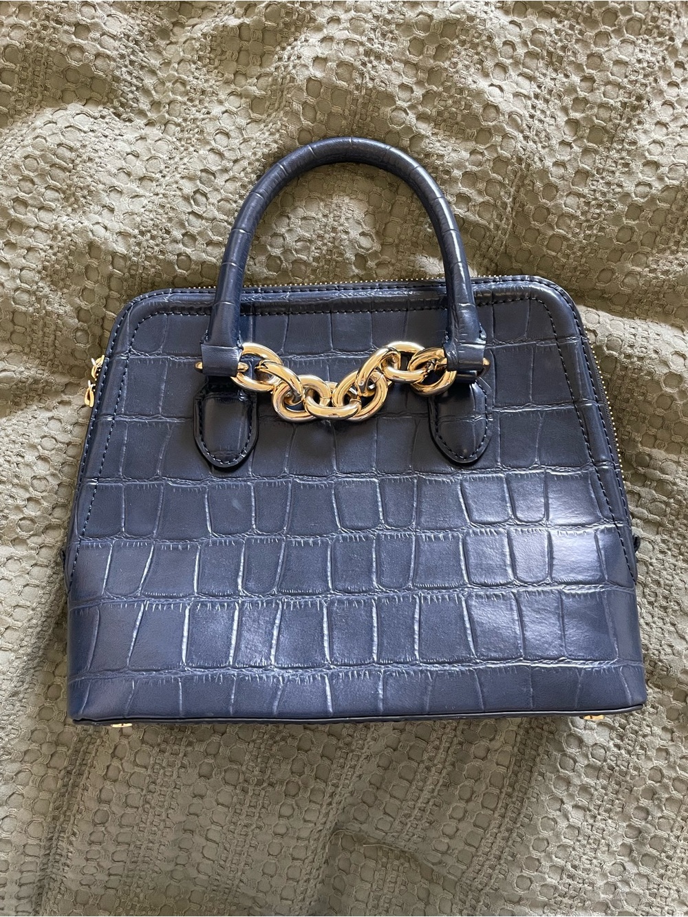 Zara Croc-Embossed Structured Satchel in Dark Navy with Gold Chain